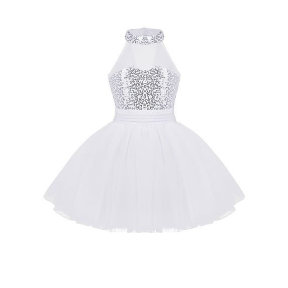 CHICTRY Girls Sequins Ballet Leotard Dress Halter Gymnastics Skirted Leotard White 5-6