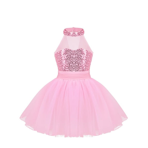 CHICTRY Girls Sequins Ballet Leotard Dress Halter Gymnastics Skirted Leotard Pink 7-8