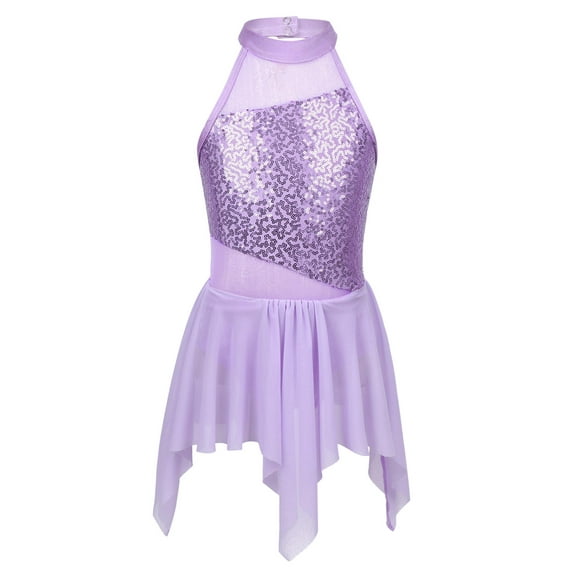 CHICTRY Girls Sequins Ballet Leotard Irregular Hem Cutout Back Ballet Tutu Dress Figure Ice Skating Outfit Lavender-B 14