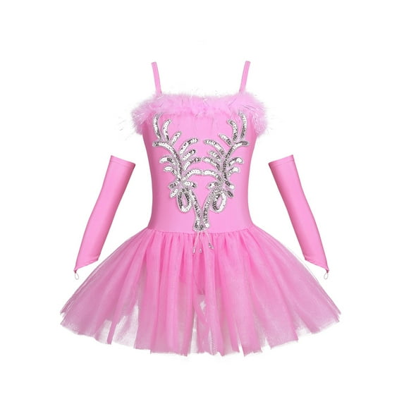 CHICTRY Girls Sequins Beads Swan Ballet Dance Outfit Leotard Tutu Dress with Gloves Hair Clips