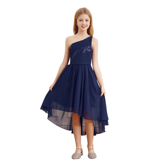 CHICTRY Girls Sequins One Shoulder Proms Cocktail Evening Ball Gown Shiny Beads Birthday Party Dress Navy Blue 12