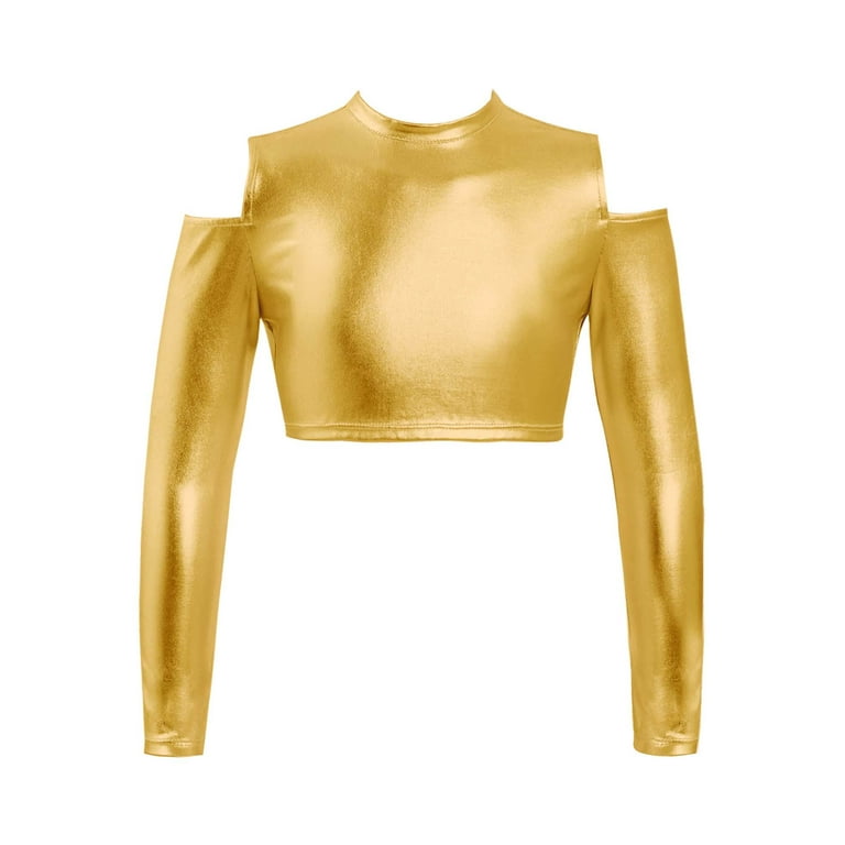 CHICTRY Girls Shiny Metallic Crop Top Kids Long Sleeve Tank Top for Jazz Hip Hop Performance Gold 12