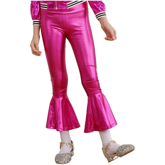 CHICTRY Girls Shiny Metallic Flared Pants Bell Bottoms Bronzing Cloth Dance Performance Leggings Hot Pink 10
