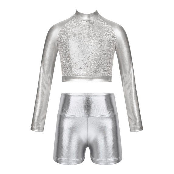 CHICTRY Girls Shiny Metallic Sports Suit Long Sleeve Crop Top with High Waist Shorts Modern Hip-hop Dance Outfit Set A Silver 8