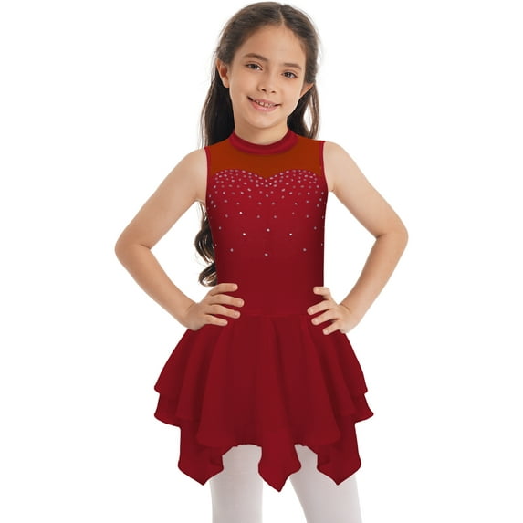 CHICTRY Girls Shiny Rhinestone Figure Skating Dress Sleeveless Mesh Patchwork Ballet Leotard Dance Costume Burgundy 16