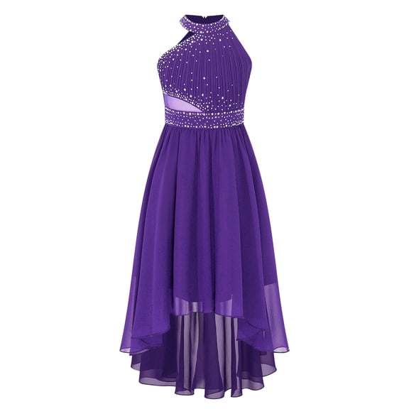 CHICTRY Girls Shiny Rhinestone Formal Party Dress Ruched High-Low Hem Dress Juniors Wedding Birthday Party Ball Gown Purple 10