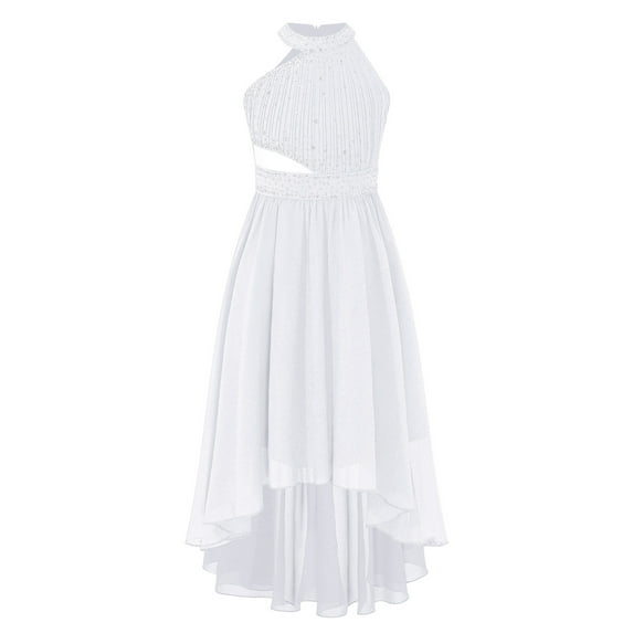 CHICTRY Girls Shiny Rhinestone Formal Party Dress Ruched High-Low Hem Dress Juniors Wedding Birthday Party Ball Gown White 8