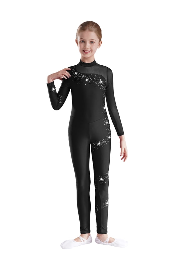 Girls Shiny Rhinestone Full Body Length Unitard One Sleeve Gymnastics Dance Ice Skating Jumpsuits Black 6