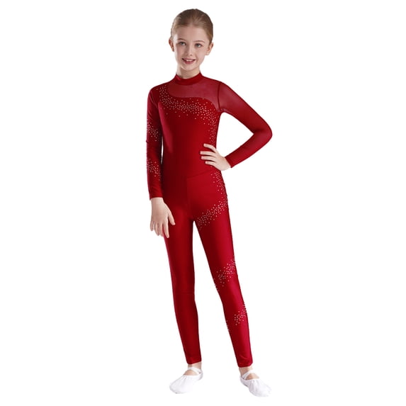 CHICTRY Girls Shiny Rhinestone Full Body Length Unitard One Sleeve Gymnastics Dance Ice Skating Jumpsuits Burgundy 10