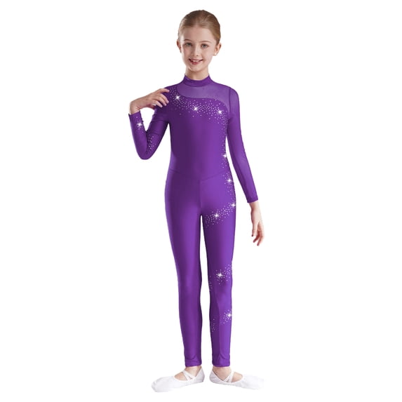 CHICTRY Girls Shiny Rhinestone Full Body Length Unitard One Sleeve Gymnastics Dance Ice Skating Jumpsuits Purple 12