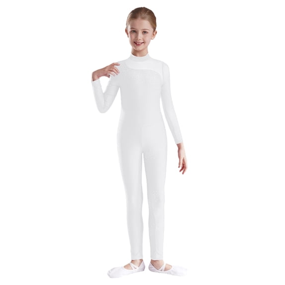CHICTRY Girls Shiny Rhinestone Full Body Length Unitard One Sleeve Gymnastics Dance Ice Skating Jumpsuits White 6
