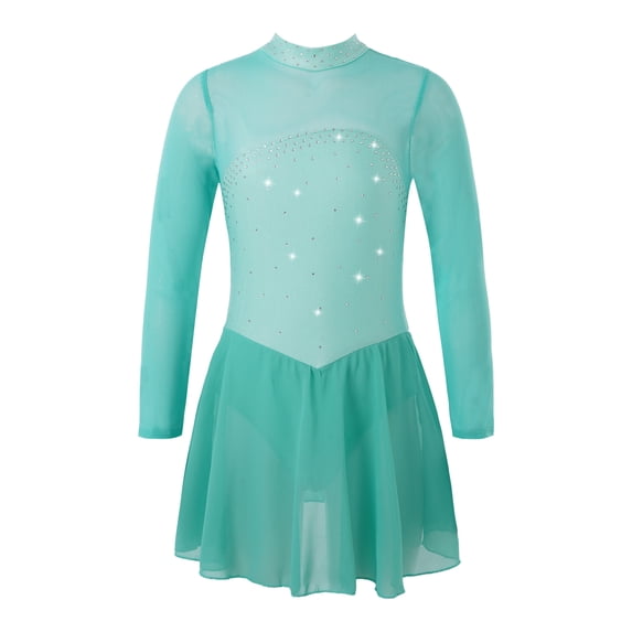 CHICTRY Girls Shiny Rhinestone Skating Dress Long Sleeve Gym Skirted Leotard