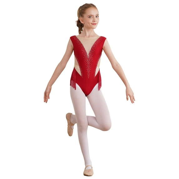 CHICTRY Girls Shiny Rhinestone Tassels Figure Skating Costume Ballet Gymnastics Leotard Latin Performance Competition Dancewear Burgundy 16