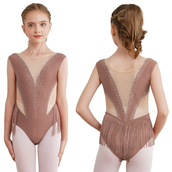 CHICTRY Girls Shiny Rhinestone Tassels Figure Skating Costume Ballet Gymnastics Leotard Latin Performance Competition Dancewear Coffee 14