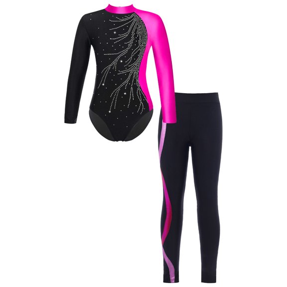 CHICTRY Girls Shiny Rhinestones Ballet Gymnastic Leotard with Leggings Gym Suit Figure Skating Performance Outfit A Rose 12
