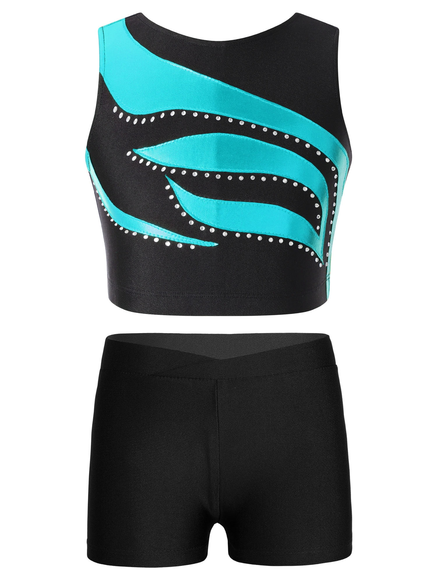 Girls' Rhinestone Dance Outfit Set | Shiny Crop Top & Shorts For Gymnastics, Sports, Performance