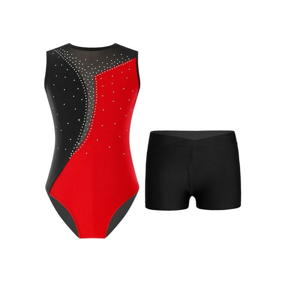 CHICTRY Girls Shiny Rhinestones Sports Suit Sleeveless Tank Leotard with Shorts Yoga Gym Suit Dancewear Red&Black 6