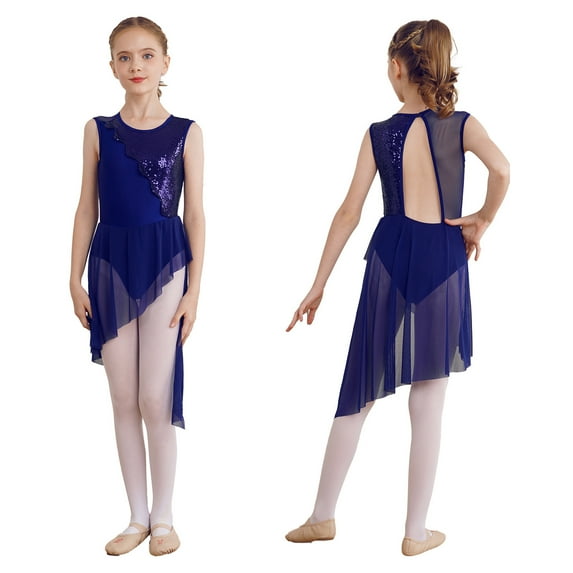 CHICTRY Girls Shiny Sequins Ballet Leotard Dress Backless Mesh Skirted Gymnastics Leotard Lyrical Dance Costume Navy Blue 12