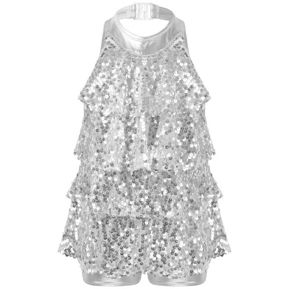 CHICTRY Girls Shiny Sequins Ballet Unitard Latin Jazz Dance Performance Costume Silver 10