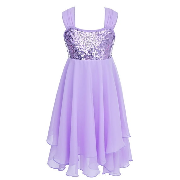 CHICTRY Girls Shiny Sequins Bodice Ballet Lyrical Dance Leotard Dress Chiffon Back Bowknot Dance Costume,Sizes 2-14
