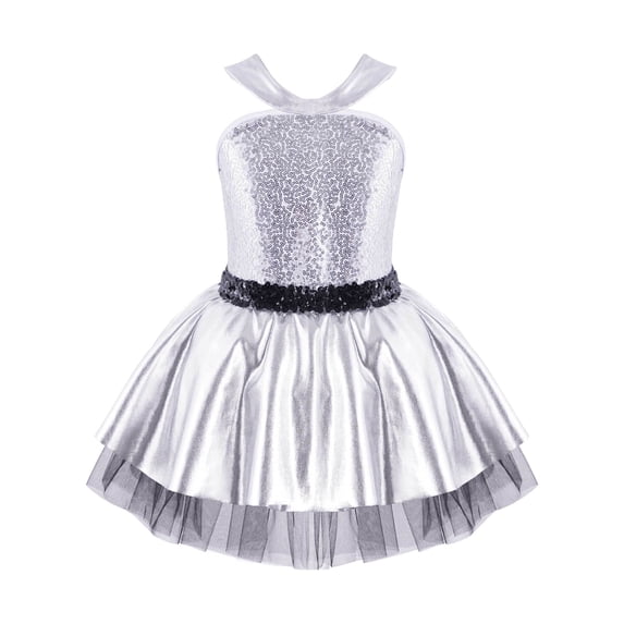 CHICTRY Girls Shiny Sequins Tutu Dress Skirted Leotard Ballet Dancewear Silver 10