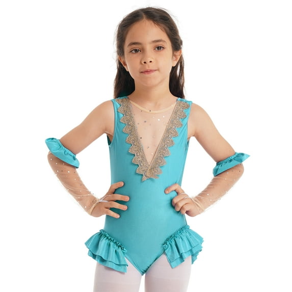 CHICTRY Girls Showman Halloween Costume Mesh Splice Leotard with Arm Sleeves Dress up Outfit Lake Green 4