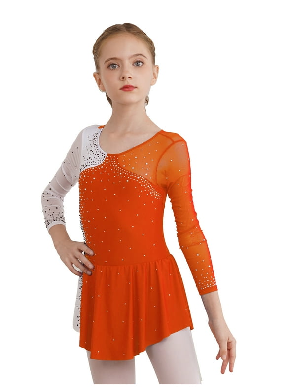 CHICTRY Girls Skating Costume Figure Skating Dress Dancewear for Competition Orange 14