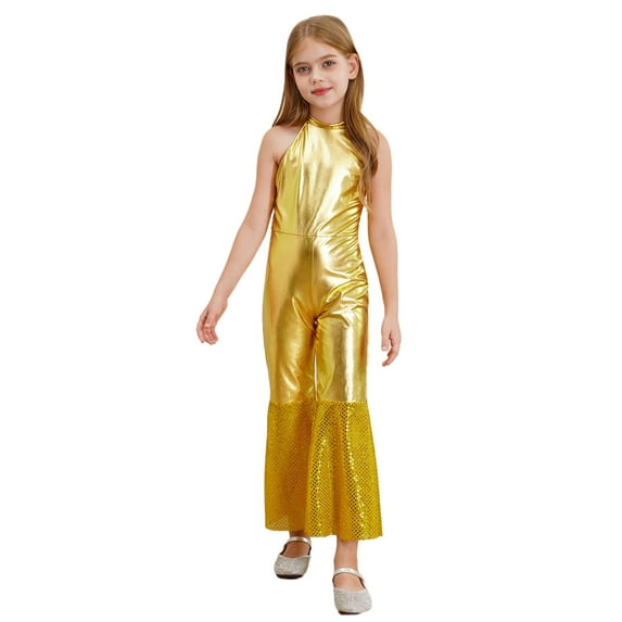 CHICTRY Girls Sleeveless High Waist Disco Jumpsuit Kids Shiny Metallic Bell-bottom Bodysuit Gold 8