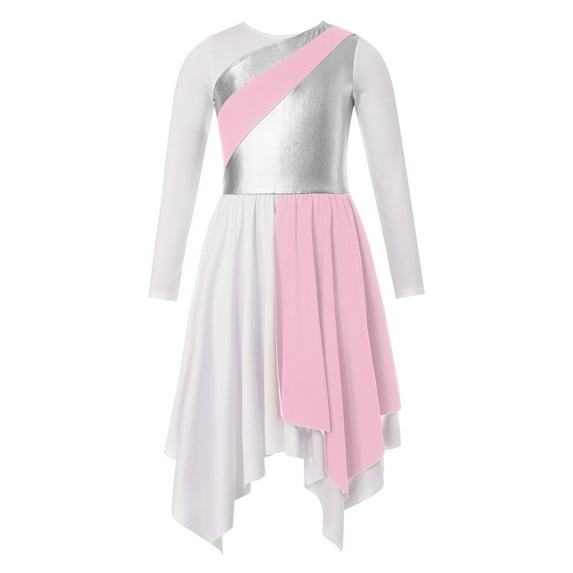 CHICTRY Girls Sleeveless Lyrical Ballet Dance Costume Juniors Youth Color Block Asymmetrical Hem Dance Dress Pink-A 4