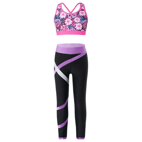 CHICTRY Girls Sleeveless Strappy Back Crop Top with Color Block Leggings Pants Gym Suit for Sports Workout Hiking Gardenia Rose 10
