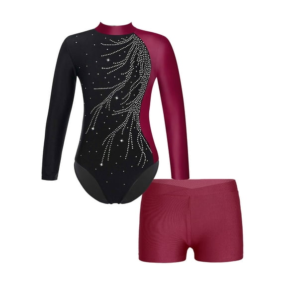 CHICTRY Girls Sparkle Rhinestones Leotard with Shorts Outfit for Gymnastics Dance Yoga Burgundy 12