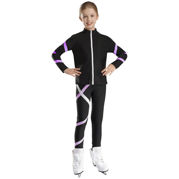 CHICTRY Girls Teens 2Pcs Sports Suit Gym Workout Outfit Long Sleeve Sparkle Rhinestone Coat with Leggings Activewear A Light Purple 6