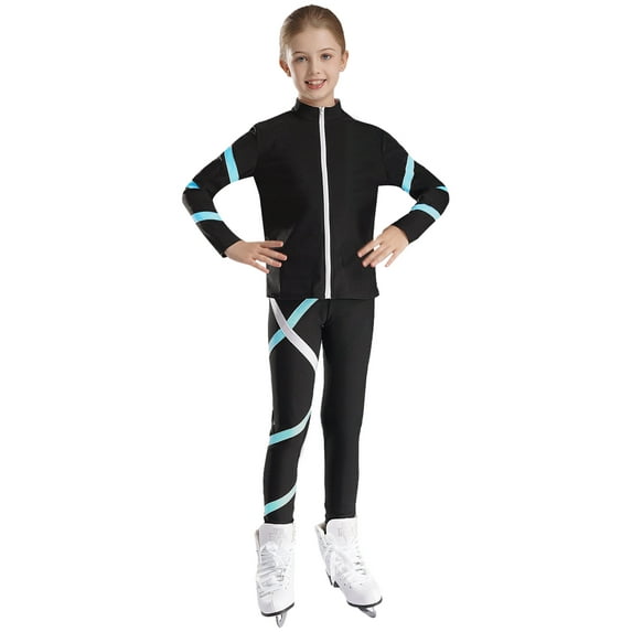 CHICTRY Girls Teens 2Pcs Sports Suit Gym Workout Outfit Long Sleeve Sparkle Rhinestone Coat with Leggings Activewear Light Blue 6