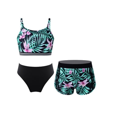 CHICTRY Girls Teens 3Pcs Swimsuit Spaghetti Shoulder Straps Tank Top with Shorts Briefs Swimming Bathing Suit Lily&Black 8