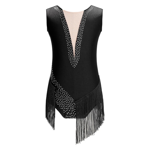 CHICTRY Girls Teens Figure Skating Leotard Ballet Gymnastics Latin Dance Costume V-back Shiny Rhinestone Tassels Bodysuit Black 8