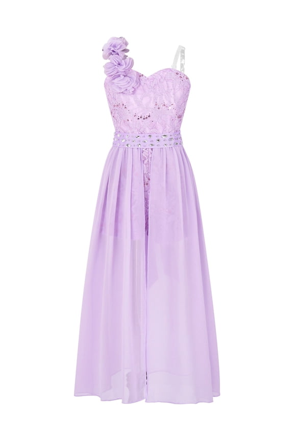 Girls Teens Flower Girl Romper Dress Formal Party Wedding Bridesmaid Maxi Dress One Shoulder Ball Gown A Lavender 6