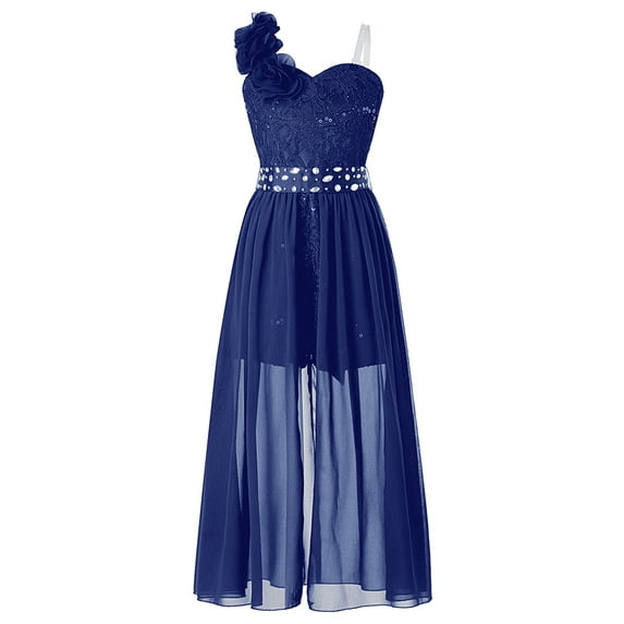 CHICTRY Girls Teens Flower Girl Romper Dress Formal Party Wedding Bridesmaid Maxi Dress One Shoulder Ball Gown Navy Blue 6
