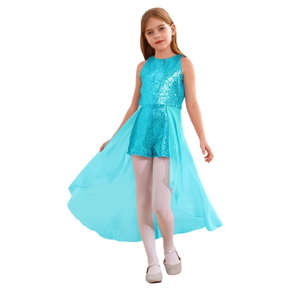 CHICTRY Girls Teens Overlay Shiny Sequins Romper Dress Sleeveless Sequins Birthday Prom Party Gown Light Blue 14