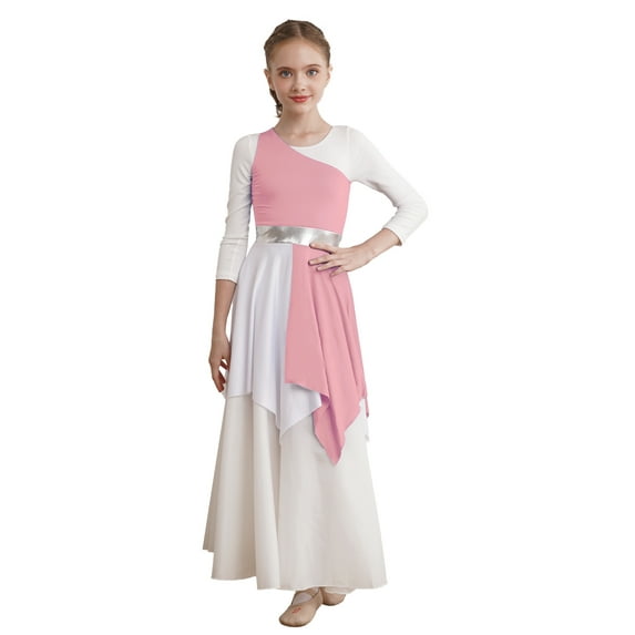 CHICTRY Girls Tunic Asymmetrical Shoulder Praise Dance Dress Liturgical Worship Costume Church Robe Dancewear Light Pink 16