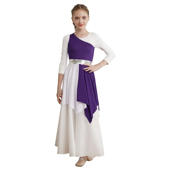 CHICTRY Girls Tunic Asymmetrical Shoulder Praise Dance Dress Liturgical Worship Costume Church Robe Dancewear Purple 14