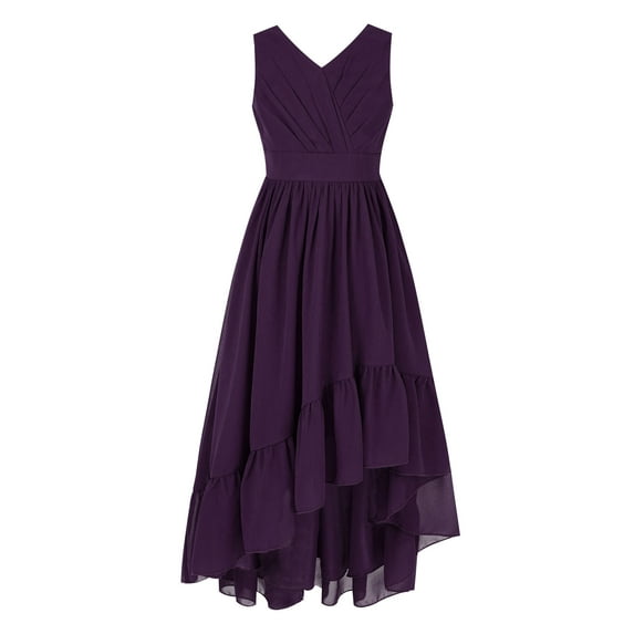 CHICTRY Girls V Neck Chiffon Wedding Party Dress Pleated High-low Hem Dresses,Sizes 4-16 Purple 12