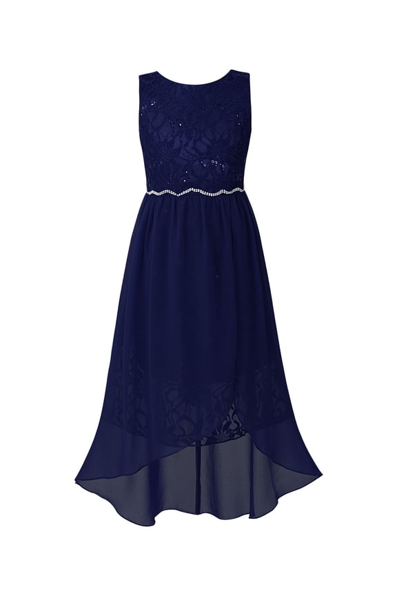 Girls Wedding Flower Girls Bridesmaid Dress with Rhinestone Belt Tea Length Chiffon Pageant Prom Gown Navy Blue 10