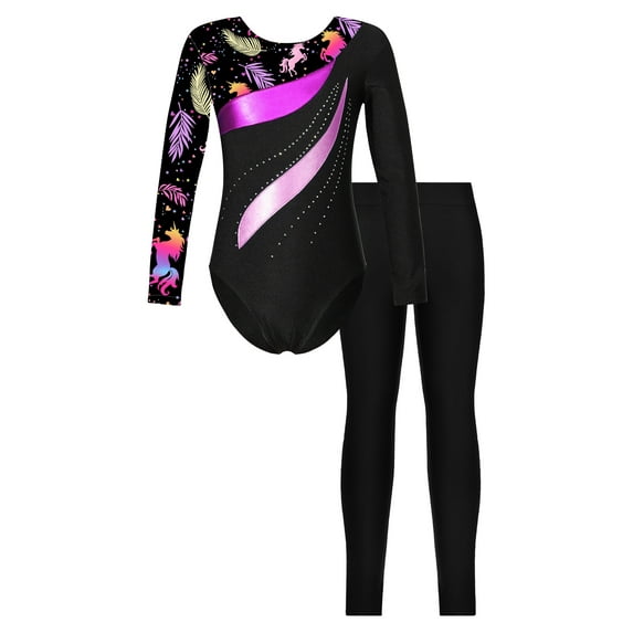 CHICTRY Girls Youth Cartoon Leopard Print Leotard with Leggings Ballet Yoga Suit Outfit Dancewear Leaves 14
