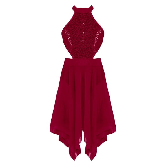 CHICTRY Junior Girls Sequined Irregular Ballet Lyrical Leotard Dress Hollow Waist Modern Jazz Dance Costume