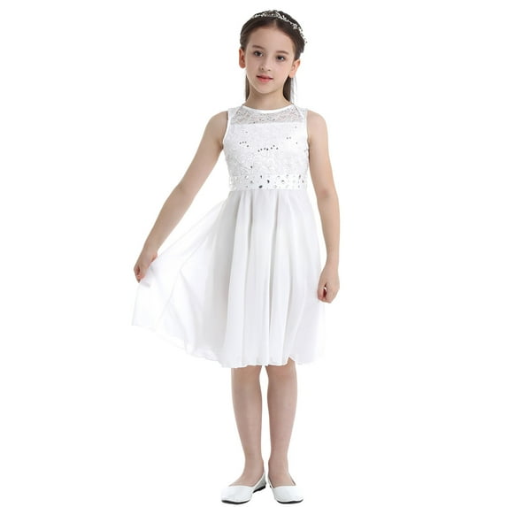 CHICTRY Kids Big Little Girls Lace Chiffon Sleeveless Flower Girl Dress Sequined Ruched Shoulder Dress for Wedding Birthday Party Ivory 6