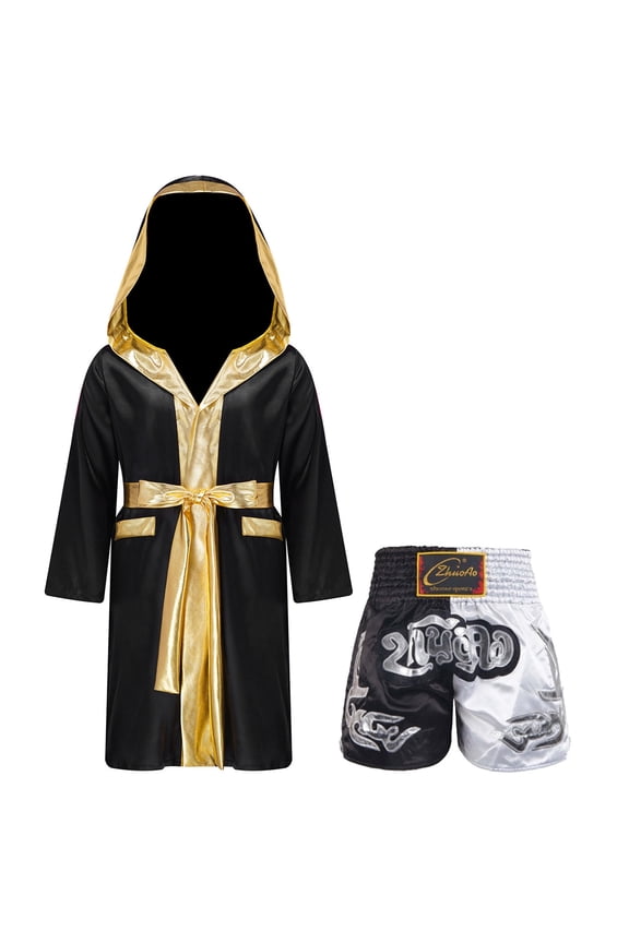 Kids Boys Boxing Robe Muay Thai Kickboxing Outfit Long Satin Hooded Hoodie with Patchwork Black&White 12