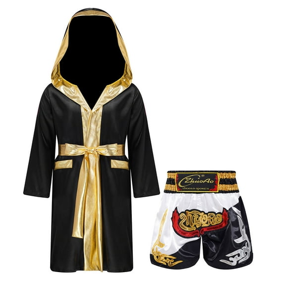 CHICTRY Kids Boys Boxing Robe Muay Thai Kickboxing Outfit Long Satin Hooded Hoodie with Patchwork White&Black 16