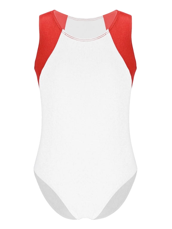 Kids Boys Girls Sleeveless One Piece Gymnastics Leotard Ballet Dance Bodysuits Red&White 10