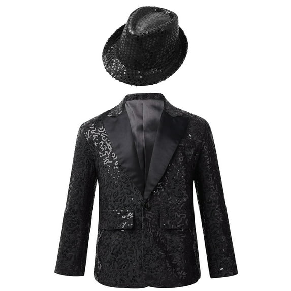 CHICTRY Kids Boys Glitter Sequins Blazer Wedding Pageant Coat Long Sleeves Jacket with Hat Modern Dance Costume Black 6