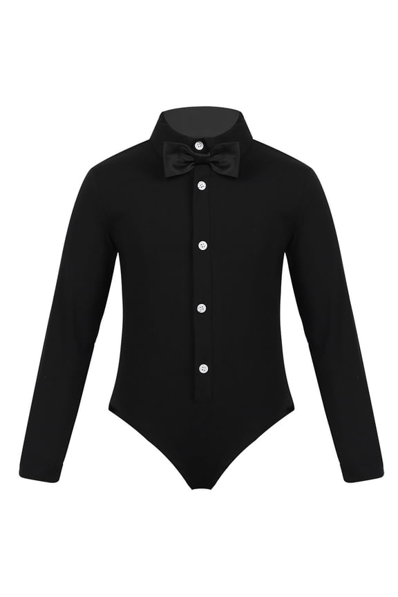 Kids Boys Latin Prom Dance Leotard Long Sleeve Shirt Romper Bodysuit Stage Performance Dancewear Black 12